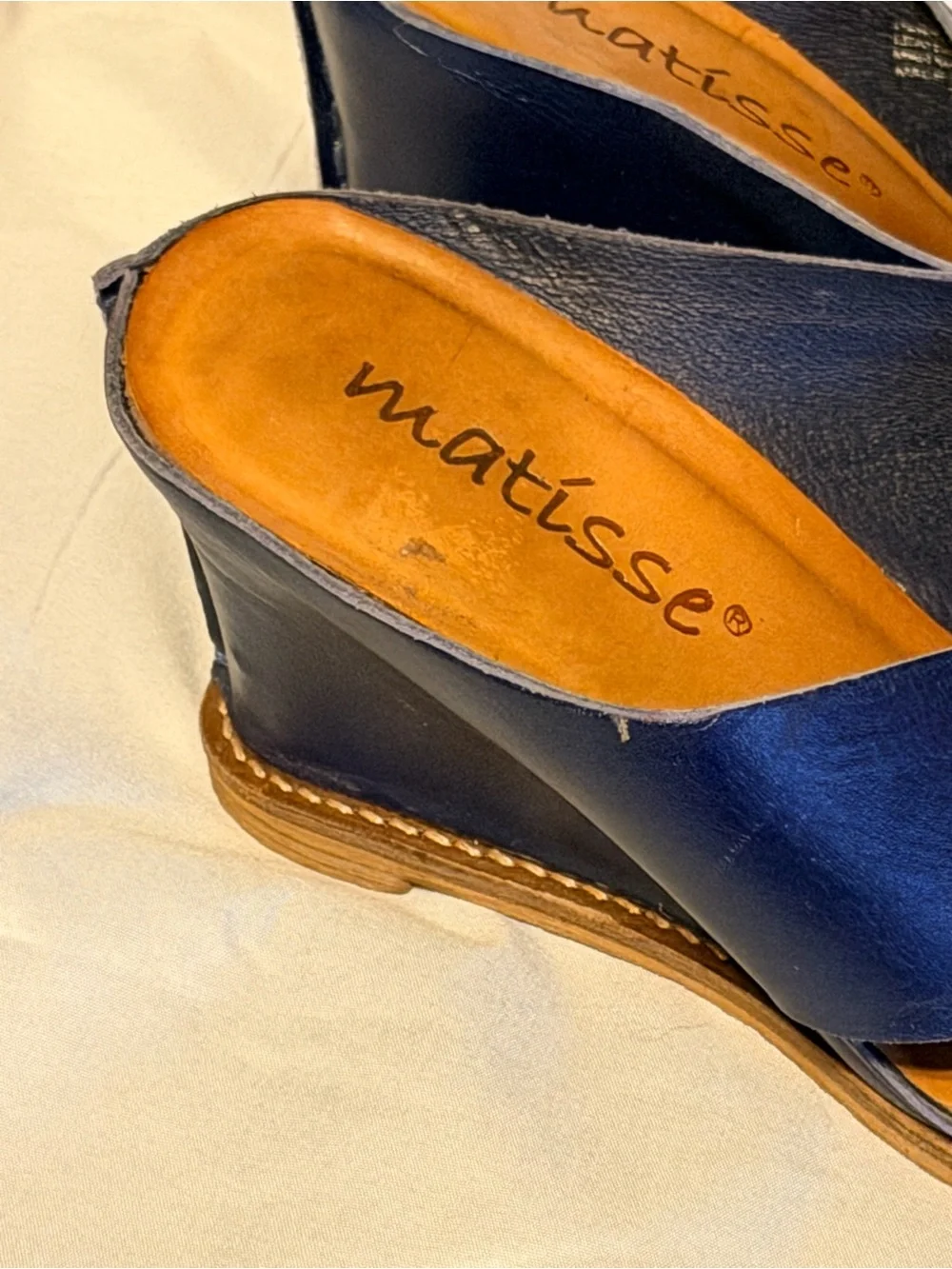 Matisse Navy Blue Genuine Leather Cross Strap Wedge Slide Sandals 7.5 Brazil